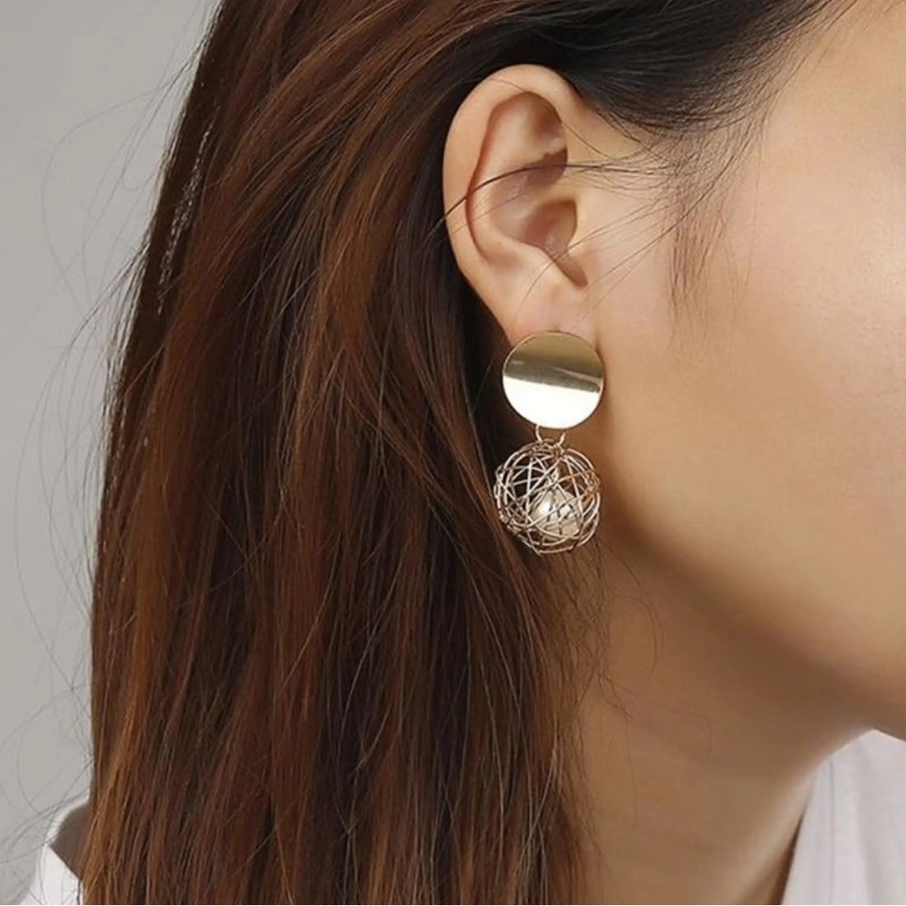 Gold Geo Caged Pearl Drop Earrings